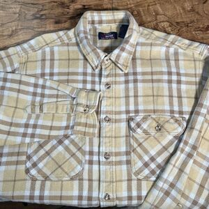 Five Brothers Men’s 2XLT Heavyweight Tan Plaid Flannel Button Down Shirt Vintage